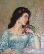 Weerts Jean Joseph Beautiful pensive portrait of a young woman with a bird and flower oil painting on canvas